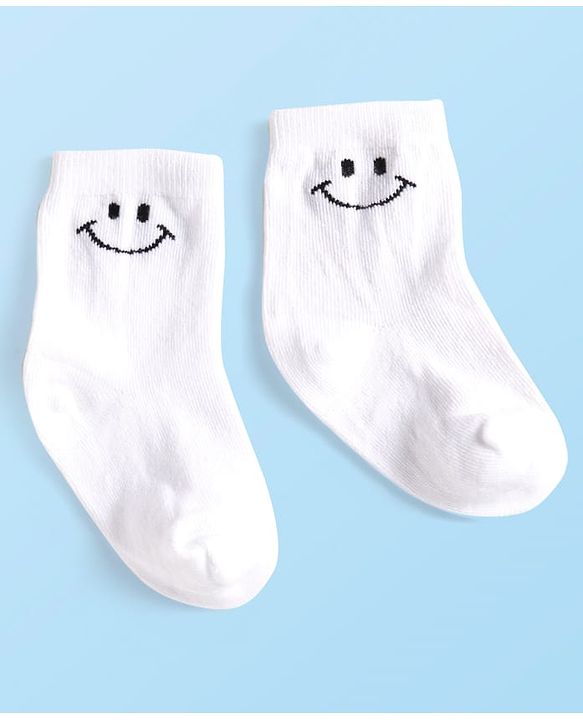 Cute Walk By Babyhug Cotton Knit Anti-Bacterial Ankle Length Socks With Smiley Design Pack of 3 - Yellow White & Grey