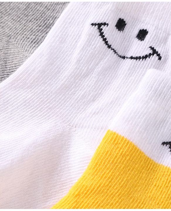 Cute Walk By Babyhug Cotton Knit Anti-Bacterial Ankle Length Socks With Smiley Design Pack of 3 - Yellow White & Grey