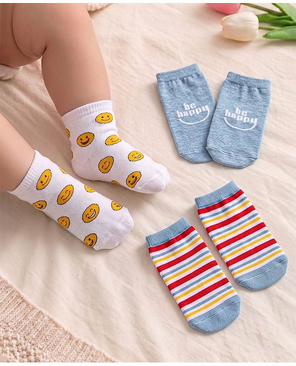 Cute Walk by Babyhug Knit Ankle Length Socks With Stripes & Text Design - Blue & White
