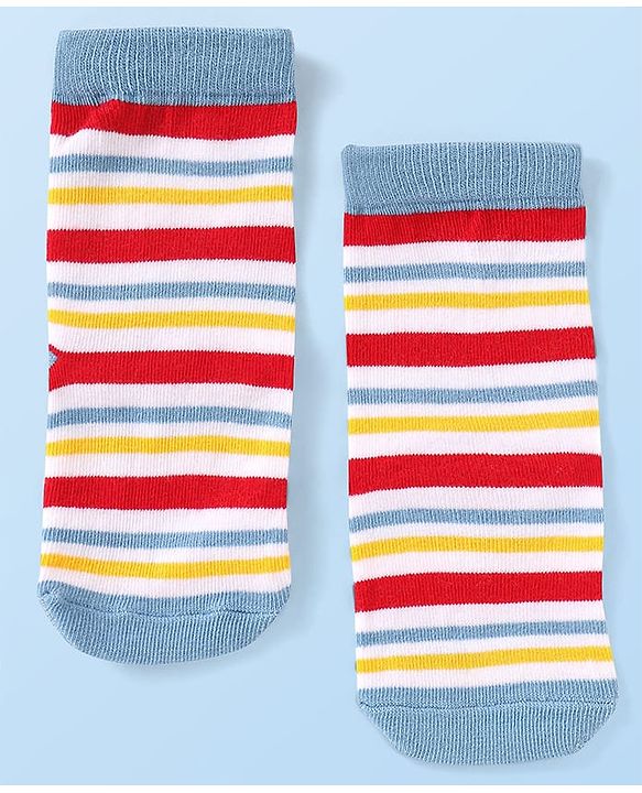 Cute Walk by Babyhug Knit Ankle Length Socks With Stripes & Text Design - Blue & White