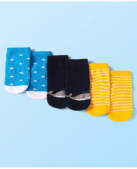 Cute Walk by Babyhug Knit Ankle Length Socks With Whale & Star Design Pack of 3 - Blue Black & Yellow