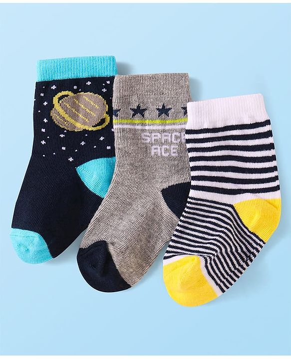 Cute Walk by Babyhug Knit Ankle Length Socks With Space Theme Design Pack of 3 - Grey Black & Yellow