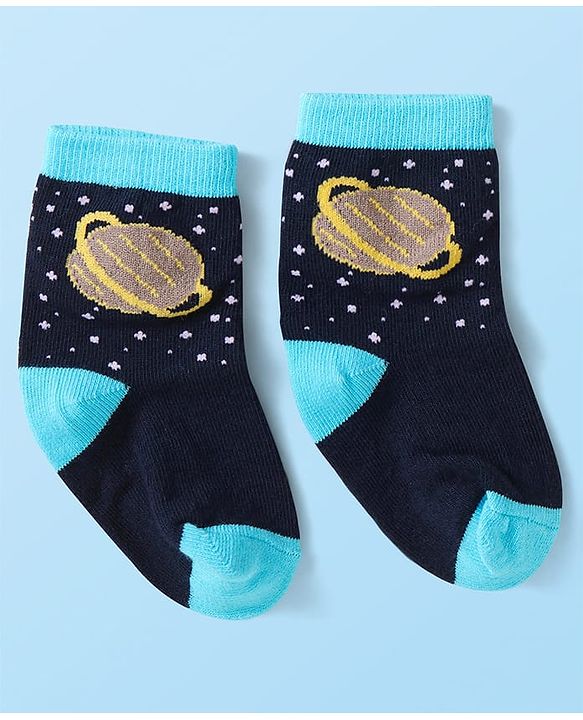 Cute Walk by Babyhug Knit Ankle Length Socks With Space Theme Design Pack of 3 - Grey Black & Yellow