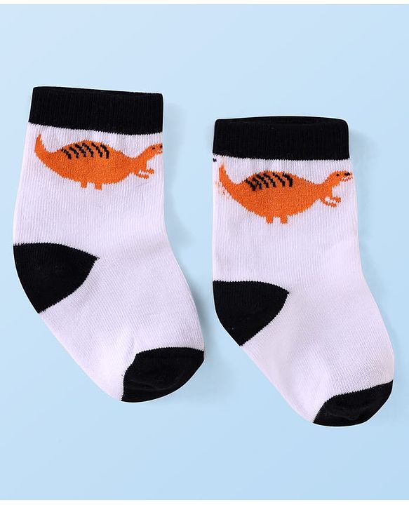 Cute Walk by Babyhug Knit Ankle Length Socks With Dino Design Pack of 3 - White & Black