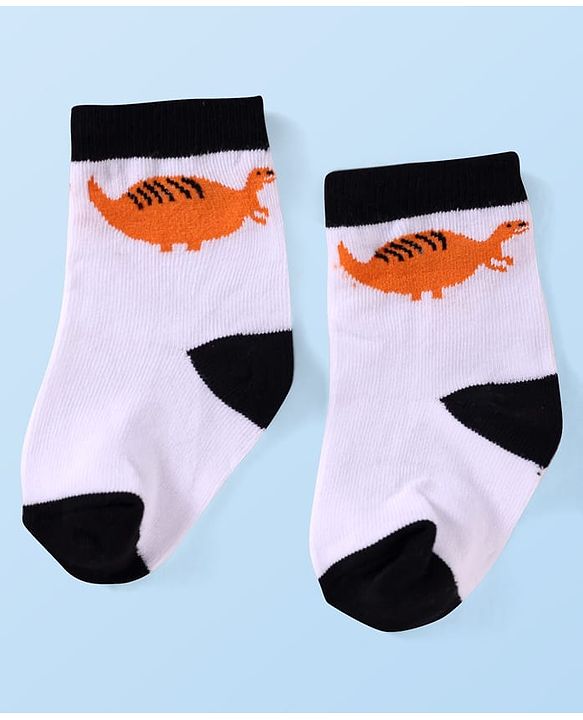 Cute Walk by Babyhug Knit Ankle Length Socks With Dino Design Pack of 3 - White & Black