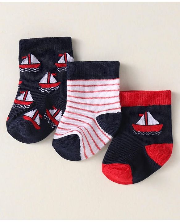 Cute Walk By Babyhug Anti-Bacterial Ankle Length Pack of 3 With Nautical Theme Print - Red & Navy Blue