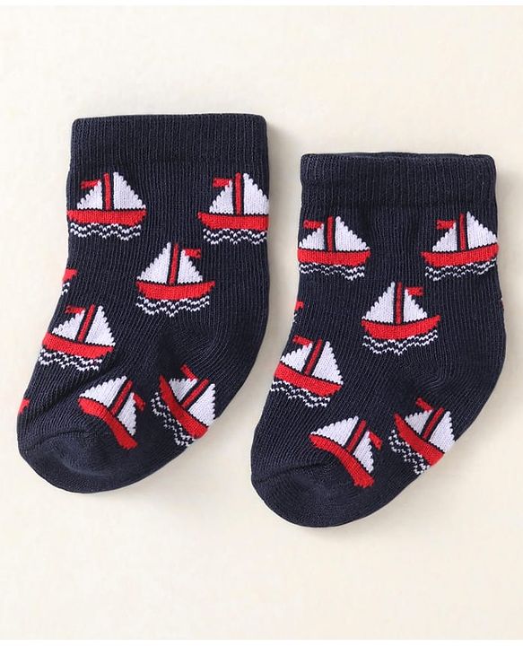 Cute Walk By Babyhug Anti-Bacterial Ankle Length Pack of 3 With Nautical Theme Print - Red & Navy Blue
