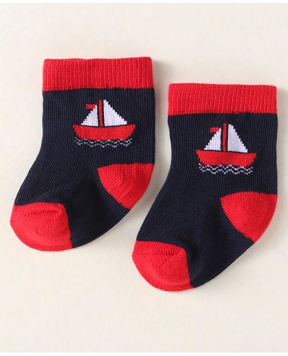 Cute Walk By Babyhug Anti-Bacterial Ankle Length Pack of 3 With Nautical Theme Print - Red & Navy Blue