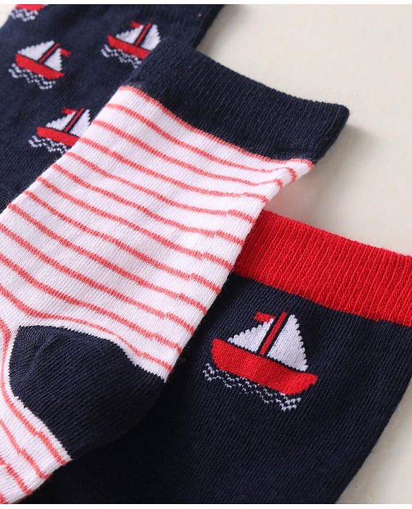 Cute Walk By Babyhug Anti-Bacterial Ankle Length Pack of 3 With Nautical Theme Print - Red & Navy Blue