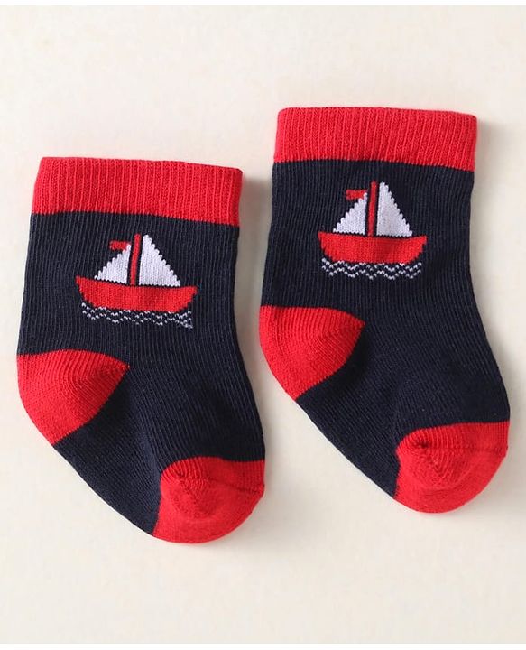 Cute Walk By Babyhug Anti-Bacterial Ankle Length Pack of 3 With Nautical Theme Print - Red & Navy Blue