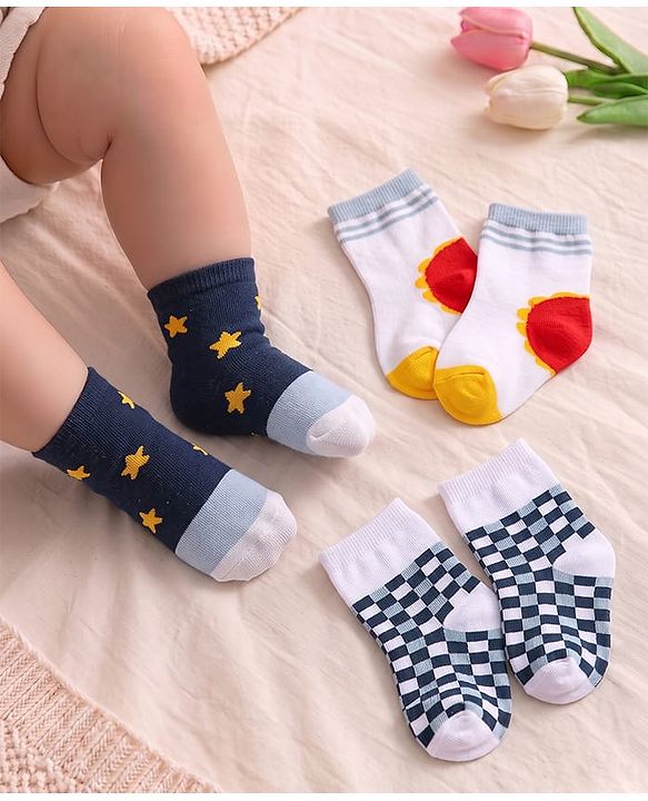 Cute Walk By Babyhug Cotton Knit Anti-Bacterial Ankle Length Socks With Star Sun & Checks Design Pack Of 3 - White Grey & Navy Blue