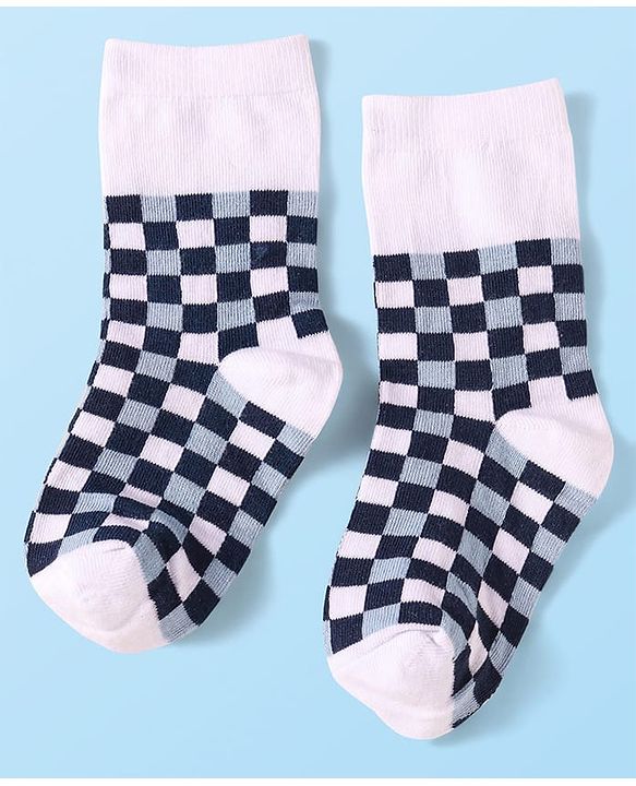 Cute Walk By Babyhug Cotton Knit Anti-Bacterial Ankle Length Socks With Star Sun & Checks Design Pack Of 3 - White Grey & Navy Blue