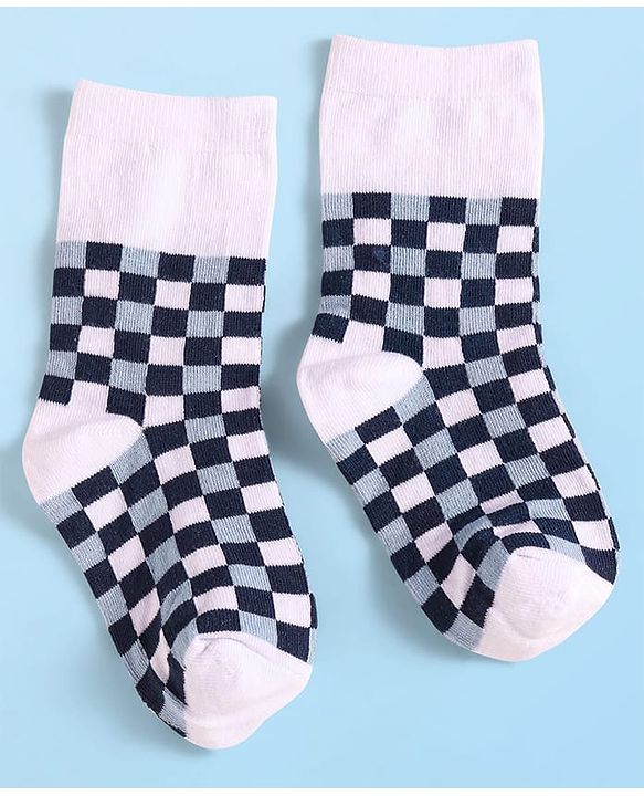 Cute Walk By Babyhug Cotton Knit Anti-Bacterial Ankle Length Socks With Star Sun & Checks Design Pack Of 3 - White Grey & Navy Blue