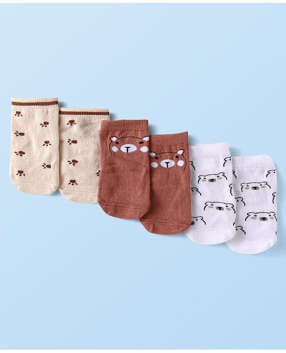 Cute Walk By Babyhug Anti-Bacterial Ankle Length Pack of 3 With Bear Print - Tan & Brown