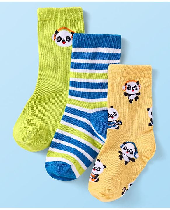 Cute Walk By Babyhug Cotton Knit Anti-Bacterial Ankle Length Socks With Stripes & Animal Design Pack of 3 - Blue & Yellow