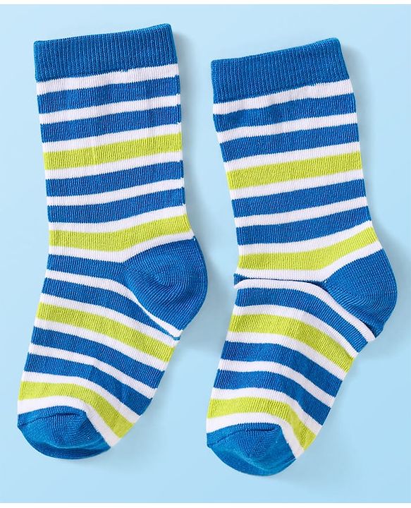Cute Walk By Babyhug Cotton Knit Anti-Bacterial Ankle Length Socks With Stripes & Animal Design Pack of 3 - Blue & Yellow