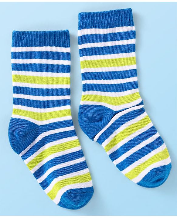 Cute Walk By Babyhug Cotton Knit Anti-Bacterial Ankle Length Socks With Stripes & Animal Design Pack of 3 - Blue & Yellow