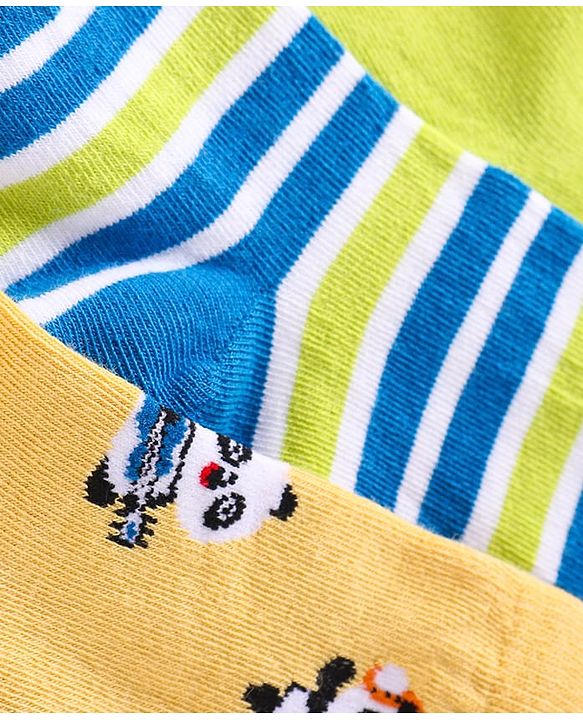 Cute Walk By Babyhug Cotton Knit Anti-Bacterial Ankle Length Socks With Stripes & Animal Design Pack of 3 - Blue & Yellow