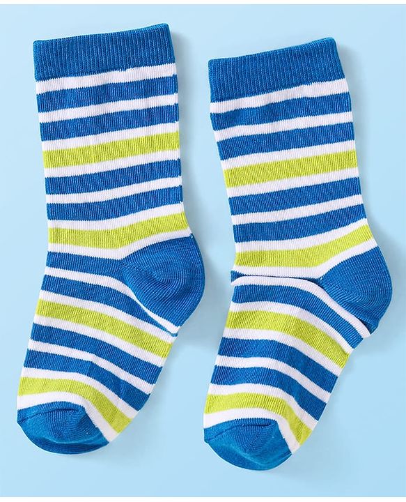 Cute Walk By Babyhug Cotton Knit Anti-Bacterial Ankle Length Socks With Stripes & Animal Design Pack of 3 - Blue & Yellow