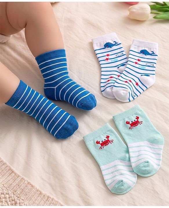 Cute Walk By Babyhug Cotton Knit Anti-Bacterial Ankle Length Socks With Stripe & Ocean Design Pack of 3 - Blue & White