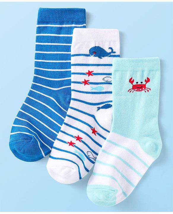 Cute Walk By Babyhug Cotton Knit Anti-Bacterial Ankle Length Socks With Stripe & Ocean Design Pack of 3 - Blue & White