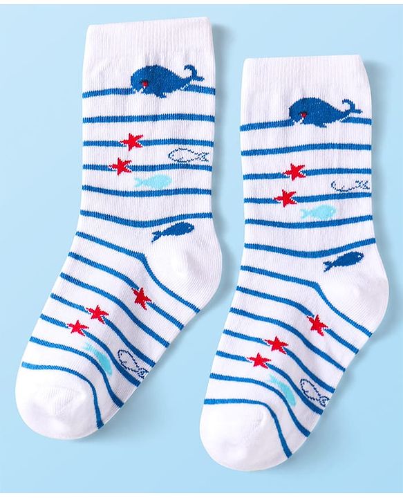 Cute Walk By Babyhug Cotton Knit Anti-Bacterial Ankle Length Socks With Stripe & Ocean Design Pack of 3 - Blue & White