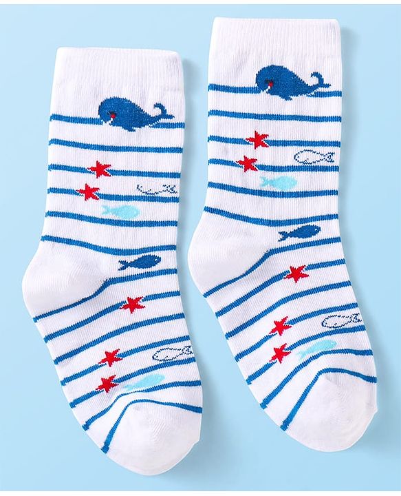 Cute Walk By Babyhug Cotton Knit Anti-Bacterial Ankle Length Socks With Stripe & Ocean Design Pack of 3 - Blue & White