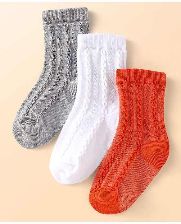 Cute Walk by Babyhug Knit Ankle Length Solid Colour Socks With Cable Knit Design Pack of 3 - White Grey & Orange