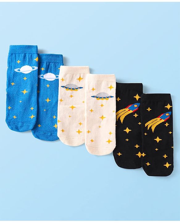 Cute Walk By Babyhug Cotton Knit Anti-Bacterial Ankle Length Socks With Space Design Pack of 3 - Black Blue & White