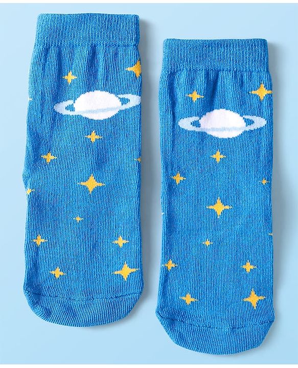 Cute Walk By Babyhug Cotton Knit Anti-Bacterial Ankle Length Socks With Space Design Pack of 3 - Black Blue & White