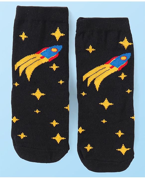 Cute Walk By Babyhug Cotton Knit Anti-Bacterial Ankle Length Socks With Space Design Pack of 3 - Black Blue & White