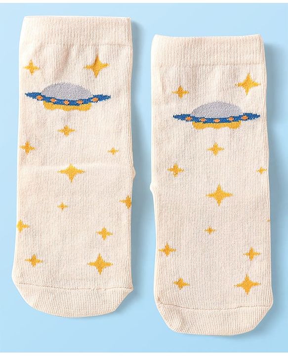 Cute Walk By Babyhug Cotton Knit Anti-Bacterial Ankle Length Socks With Space Design Pack of 3 - Black Blue & White