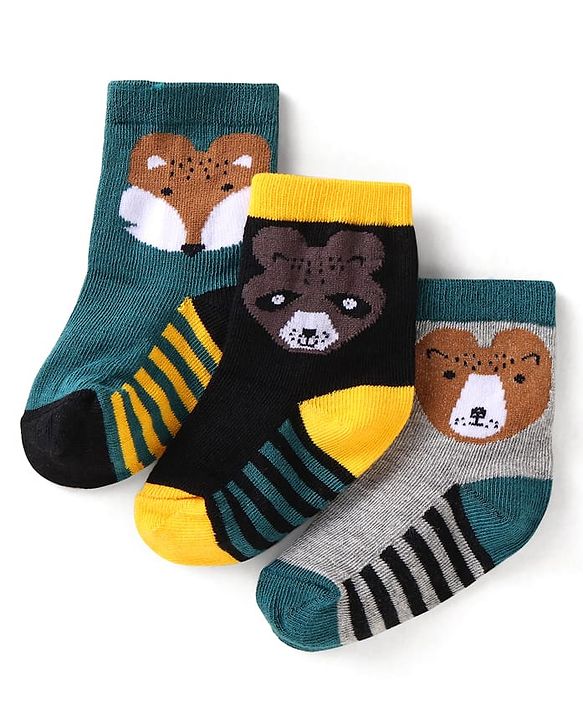 Cute Walk by Babyhug Ankle Length Antibacterial Socks with Stripes & Animal Design Pack of 3 - Teal Blue