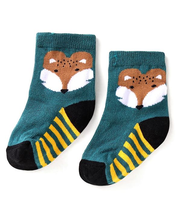 Cute Walk by Babyhug Ankle Length Antibacterial Socks with Stripes & Animal Design Pack of 3 - Teal Blue