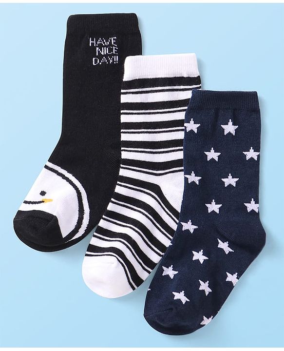 Cutewalk By Babyhug Cotton Knit Anti-Bacterial Ankle Length Stripe & Star Design Socks Pack of 3 - Black & White