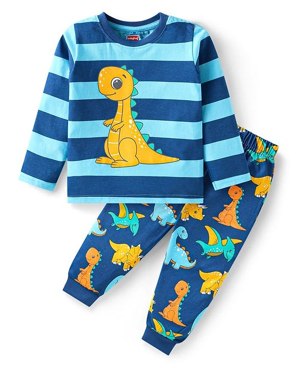 Babyhug Cotton Knit Full Sleeves Night Suit With Stripes & Dino Print - Blue