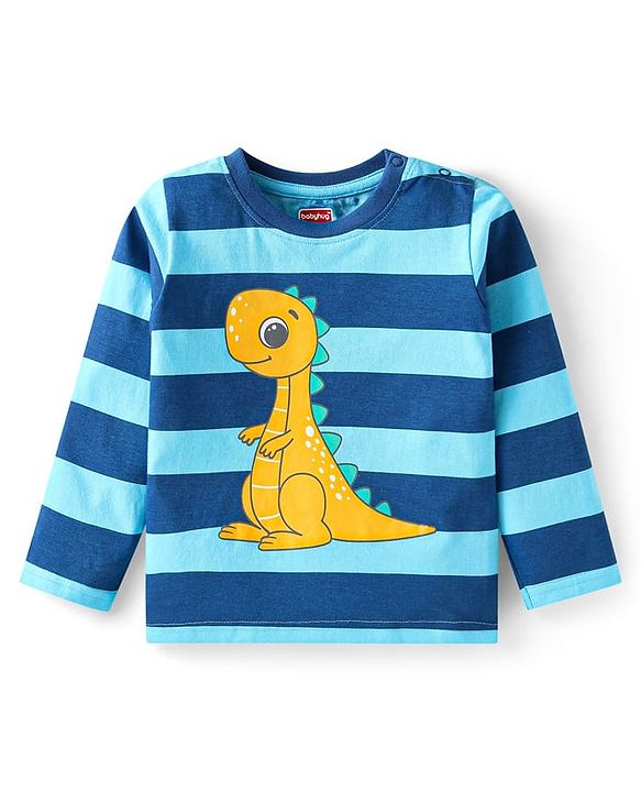 Babyhug Cotton Knit Full Sleeves Night Suit With Stripes & Dino Print - Blue