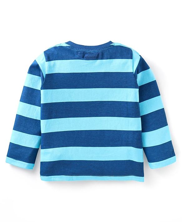 Babyhug Cotton Knit Full Sleeves Night Suit With Stripes & Dino Print - Blue