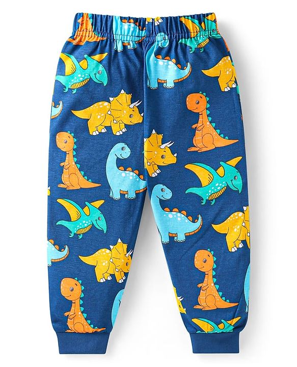 Babyhug Cotton Knit Full Sleeves Night Suit With Stripes & Dino Print - Blue