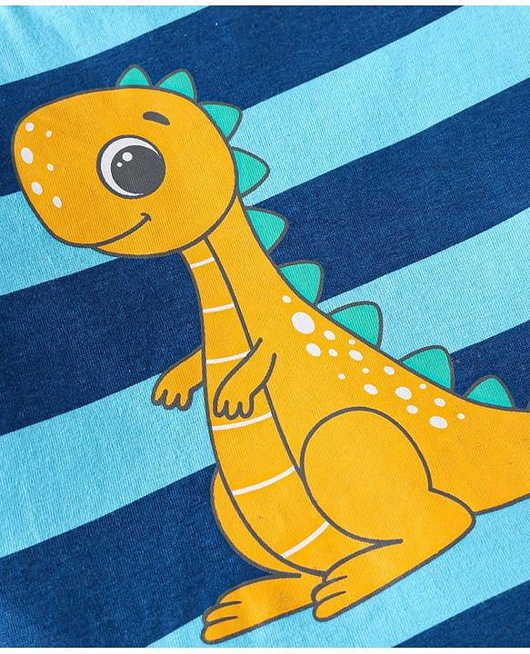 Babyhug Cotton Knit Full Sleeves Night Suit With Stripes & Dino Print - Blue