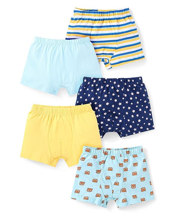 Babyhug 100% Cotton Knit Solid Striped & Bear Printed  Trunks Pack of 5 - Light Blue Navy & Yellow