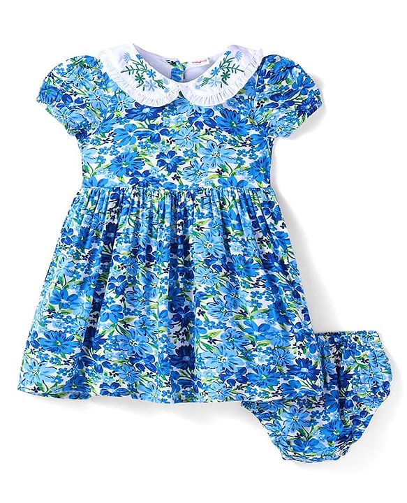 Babyhug Rayon Woven Half Puffed Sleeves Floral Printed Frock Peter Pan Collar & Bloomer - Blue