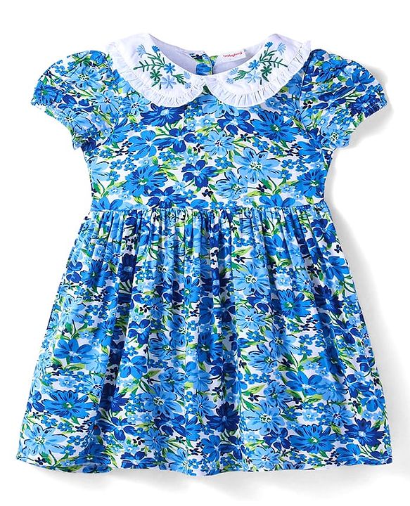 Babyhug Rayon Woven Half Puffed Sleeves Floral Printed Frock Peter Pan Collar & Bloomer - Blue