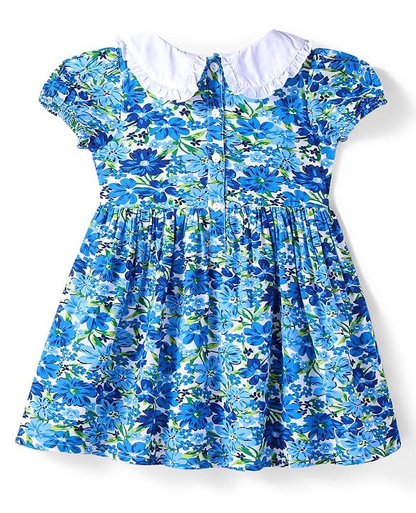 Babyhug Rayon Woven Half Puffed Sleeves Floral Printed Frock Peter Pan Collar & Bloomer - Blue