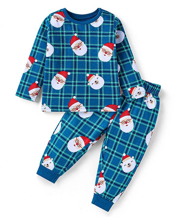 Babyhug Cotton Knit Full Sleeves Santa Claus Printed Night Suit - Royal Blue