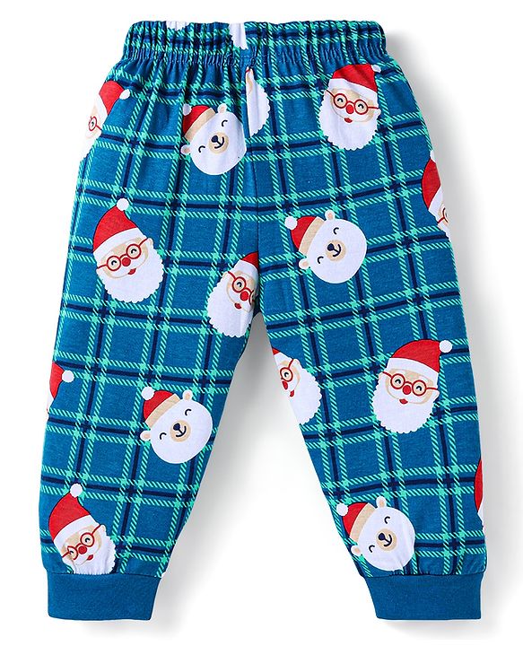 Babyhug Cotton Knit Full Sleeves Santa Claus Printed Night Suit - Royal Blue