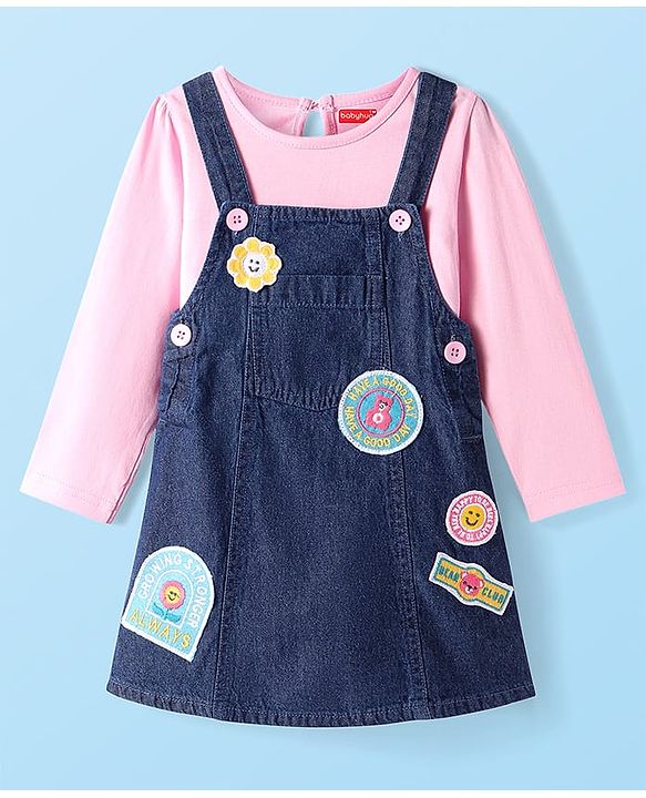 Babyhug Cotton Woven Full Sleeves Solid Colour T-Shirt & Frock With Text Patch - Pink