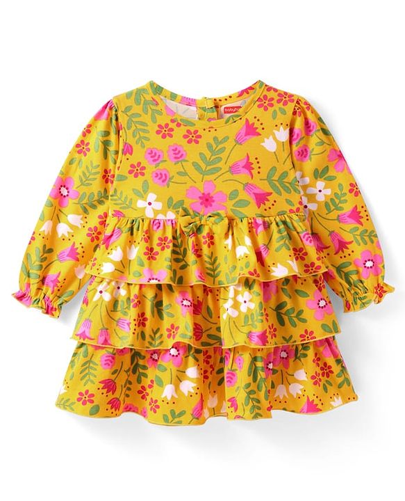 Babyhug Cotton Knit Full Peasant Sleeves Floral Printed Layered Frock & Bow Applique  - Yellow