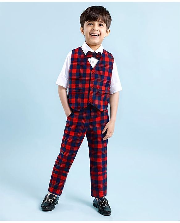 Babyhug Woven Full Sleeves Checkered 3 Piece Party Suit With Bow - Maroon