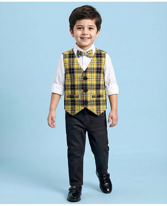Babyhug Woven Full Sleeves Checkered 3 Piece Party Suit with Bow - Yellow & Black